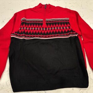 Chaps Red and Black Patterned Zip-Up Sweater
